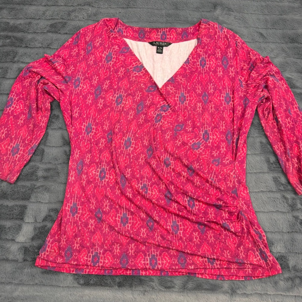 Lauren Ralph Lauren Pink Purple Ikat Faux Wrap V-Neck Top XL